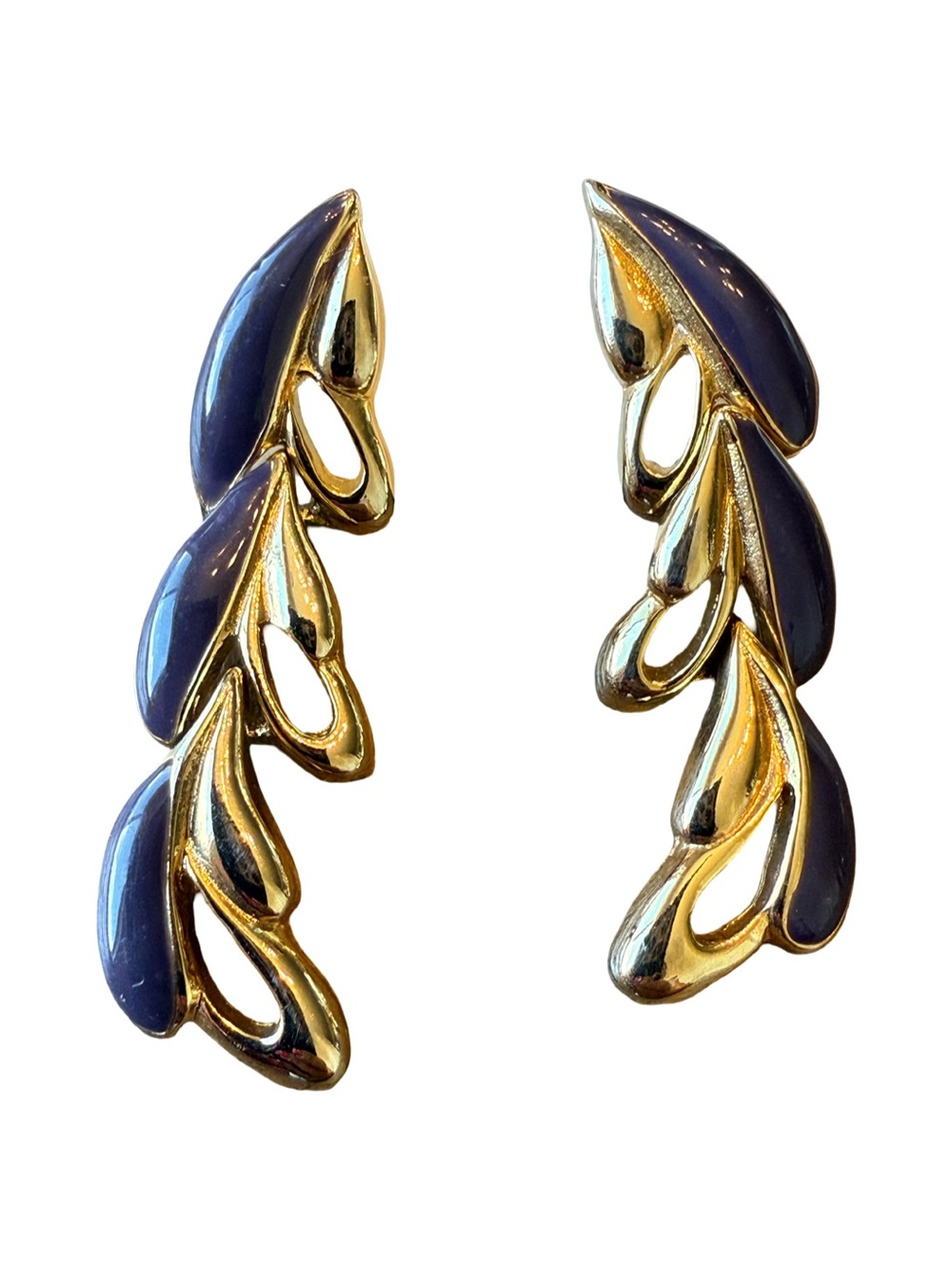 Vintage 1980s Gold Tone Purple Enamel Leaf Dangle Statement Earrings 2”